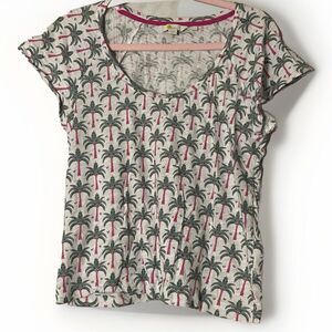 Boden Tropical Palm Tree Cotton Tee Size 10 Womens  Scoop Neck Pink & Green Top